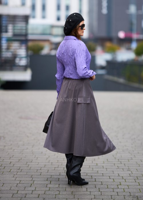 Matowa elegancka spódnica damska Tokio Midi w chłodnym odcieniu szarości o trapezowym kroju z zakładką