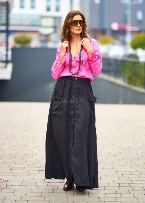 Lekka czarna spódnica damska Sporty Mood maxi o szerokim kroju z gumą w pasie i dekoracyjnymi napami