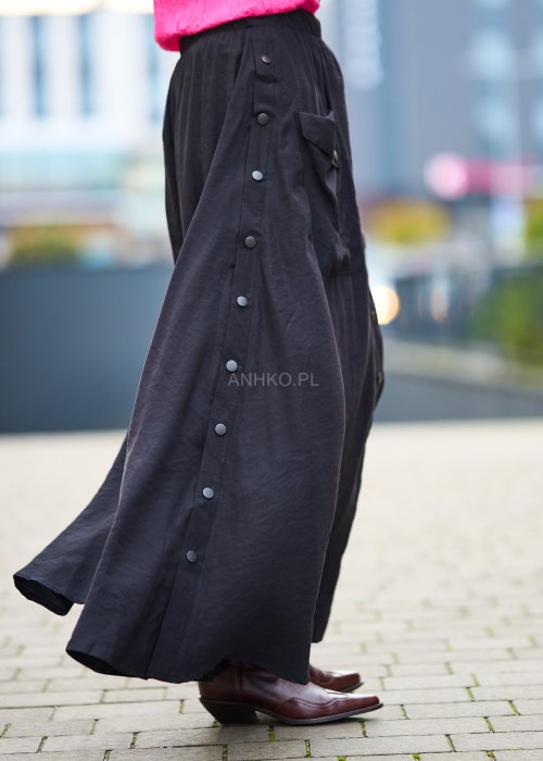 Lekka czarna spódnica damska Sporty Mood maxi o szerokim kroju z gumą w pasie i dekoracyjnymi napami