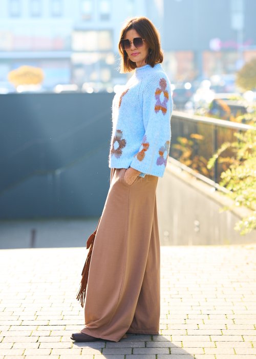 Miękkie dzianinowe spodnie damskie Villan Mor jednolite karmelowe w szerokim kroju palazzo z wysokim stanem