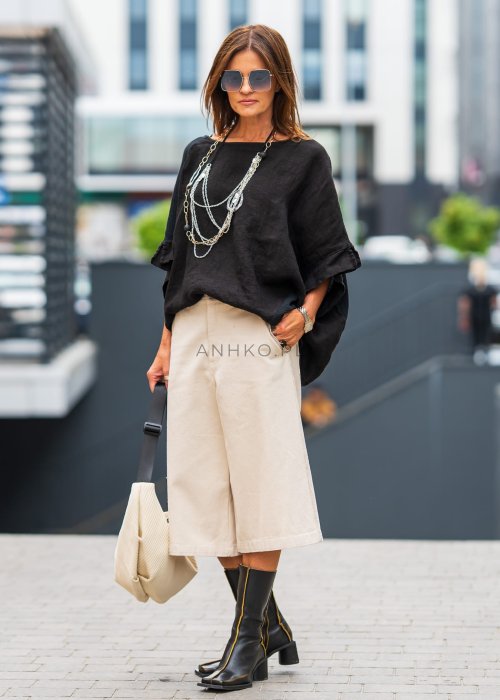 Beżowe spodnie culottes z wysokim stanem