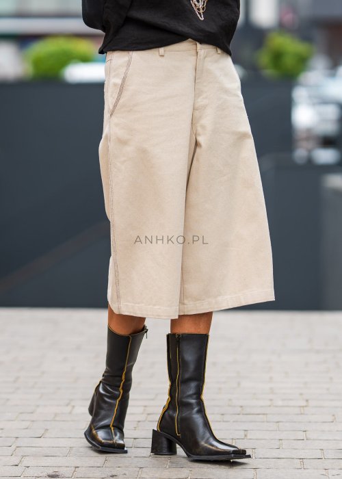 Beżowe spodnie culottes z wysokim stanem