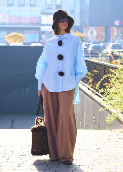 Miękkie dzianinowe spodnie damskie Villan Mor jednolite karmelowe w szerokim kroju palazzo z wysokim stanem