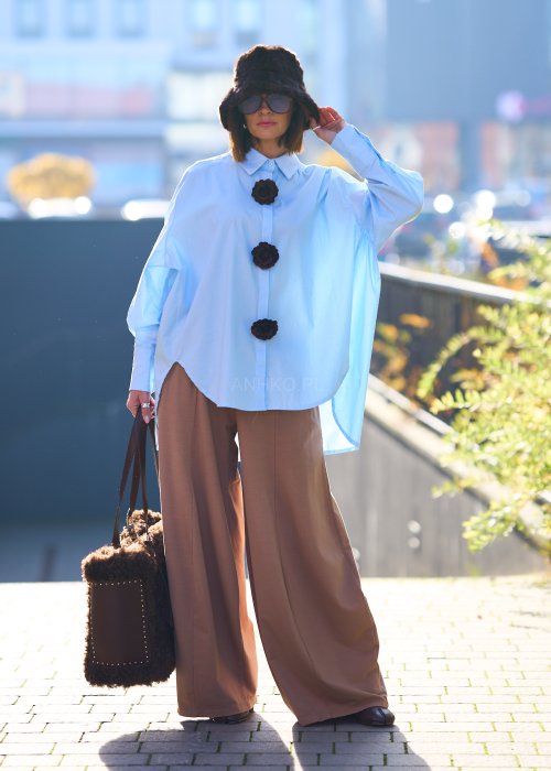 Miękkie dzianinowe spodnie damskie Villan Mor jednolite karmelowe w szerokim kroju palazzo z wysokim stanem