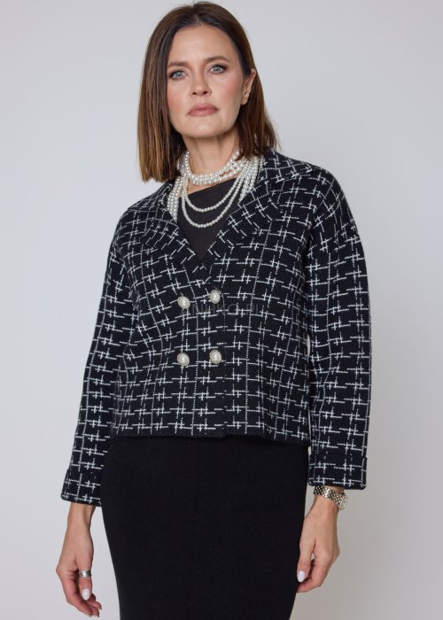 Welurowa marynarka Damska czarno-biała w geometryczny wzór o luźnym, eleganckim fasonie z klapami