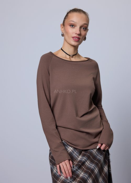 Bawełniana bluzka brązowa z długim rękawem o prostym, luźnym kroju