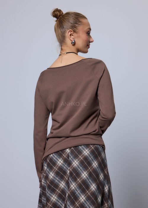 Bawełniana bluzka brązowa z długim rękawem o prostym, luźnym kroju