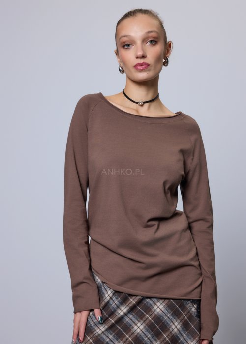 Bawełniana bluzka brązowa z długim rękawem o prostym, luźnym kroju