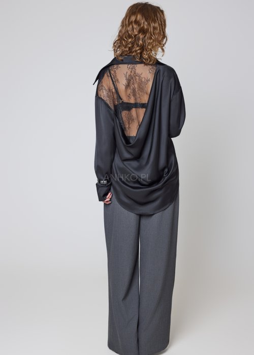 Bawełniane spodnie grafitowe o klasycznym, szerokim kroju z zakładkami i bocznymi kieszeniami