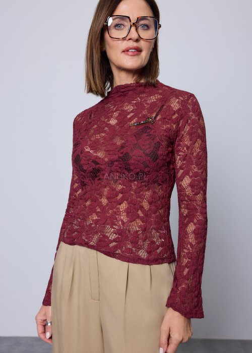 Bordowa, koronkowa bluzka z długim rękawem i stójką