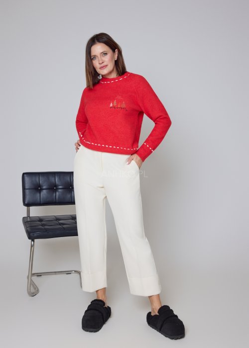 Materiałowe spodnie ecru o prostym kroju z szerokimi mankietami