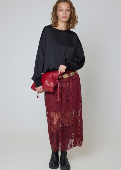 Koronkowa spódnica bordowa midi z transparentnymi panelami i elastyczną talią