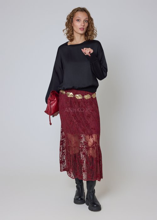 Koronkowa spódnica bordowa midi z transparentnymi panelami i elastyczną talią