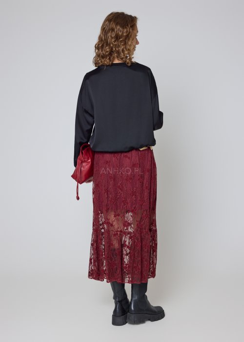 Koronkowa spódnica bordowa midi z transparentnymi panelami i elastyczną talią