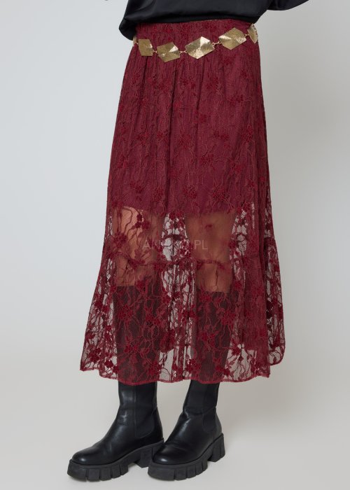 Koronkowa spódnica bordowa midi z transparentnymi panelami i elastyczną talią