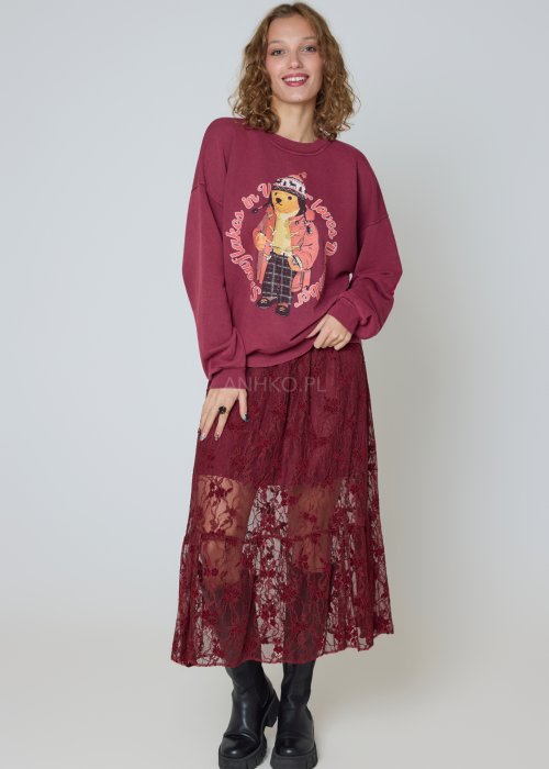 Bawełniana bluza burgundowa z nadrukiem misia oversize