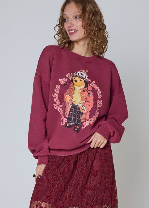 Bawełniana bluza burgundowa z nadrukiem misia oversize