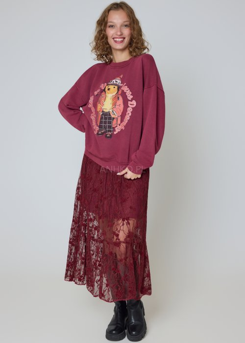 Bawełniana bluza burgundowa z nadrukiem misia oversize