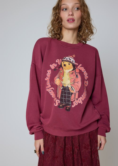 Bawełniana bluza burgundowa z nadrukiem misia oversize