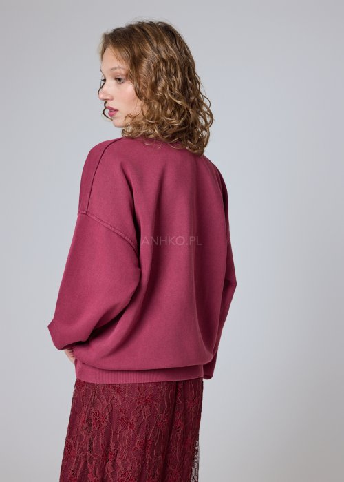 Bawełniana bluza burgundowa z nadrukiem misia oversize
