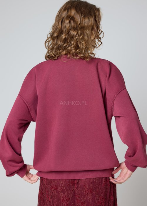 Bawełniana bluza burgundowa z nadrukiem misia oversize