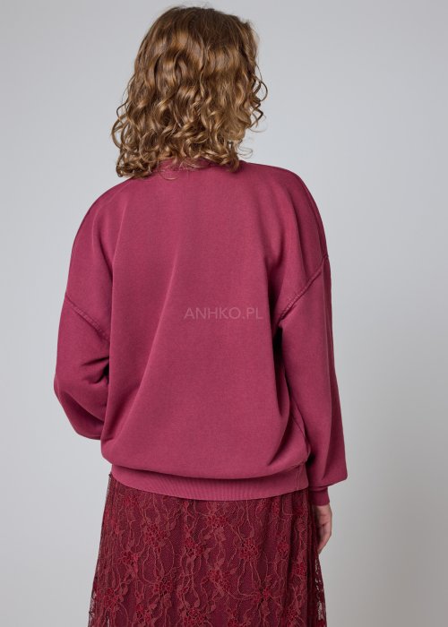 Bawełniana bluza burgundowa z nadrukiem misia oversize