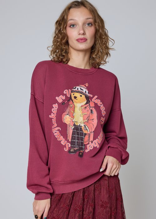 Bawełniana bluza burgundowa z nadrukiem misia oversize