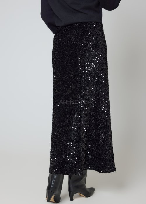 Cekinowa spódnica czarna midi o prostym fasonie