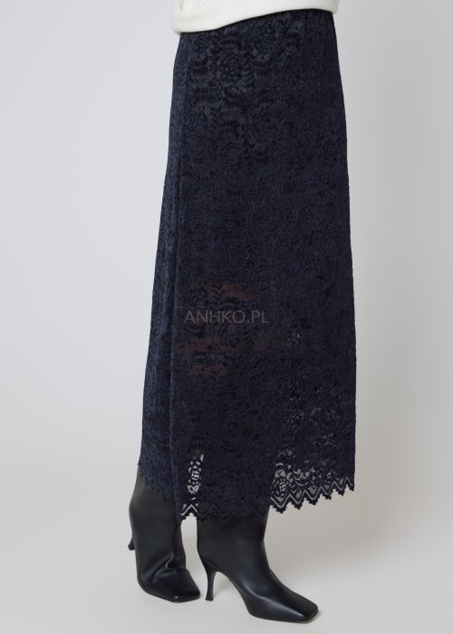 Koronkowa spódnica granatowa o długości midi z prostym, eleganckim fasonem.