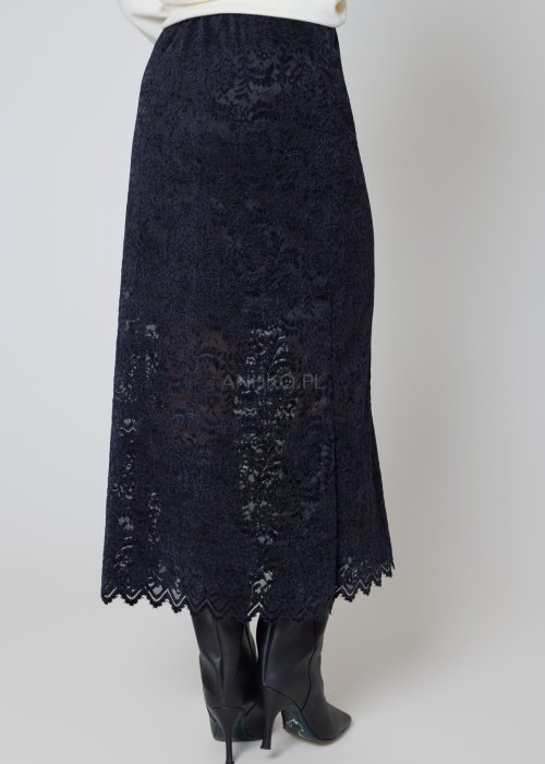 Koronkowa spódnica granatowa o długości midi z prostym, eleganckim fasonem.