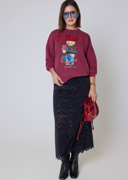 Koronkowa spódnica granatowa o długości midi z prostym, eleganckim fasonem.