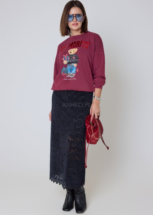 Koronkowa spódnica granatowa o długości midi z prostym, eleganckim fasonem.