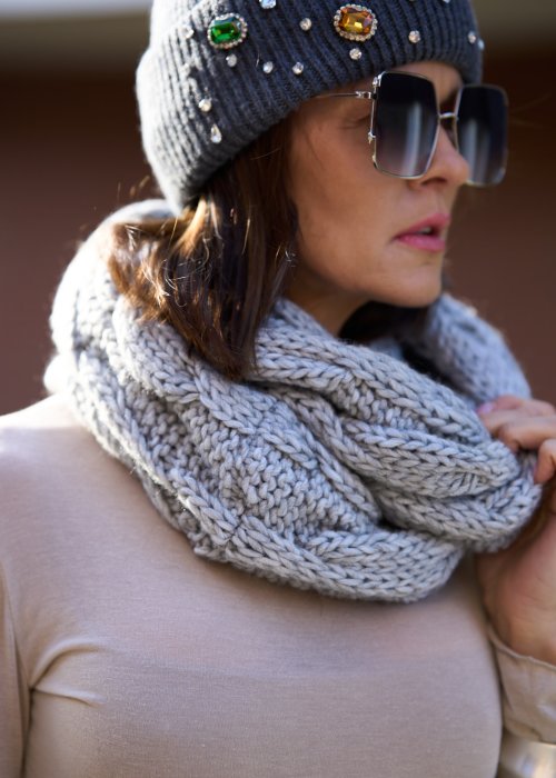 Szal Komin z Wełną Lizzy Jasnoszary