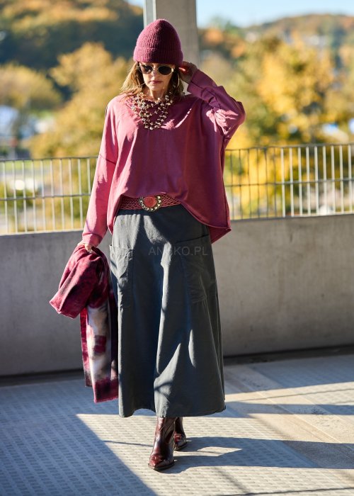 Długa ciemnoszara spódnica z bawełny o rozkloszowanym kroju w stylu casual z naszytą kieszenią