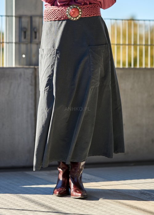 Długa ciemnoszara spódnica z bawełny o rozkloszowanym kroju w stylu casual z naszytą kieszenią