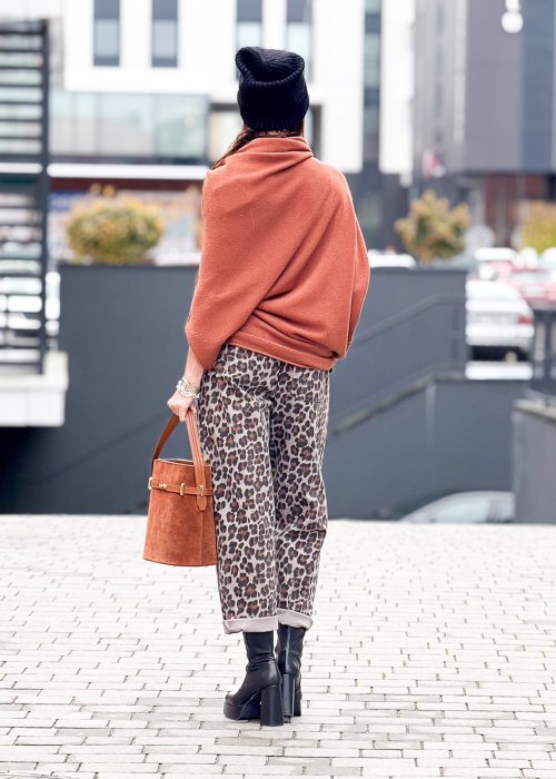 Damskie spodnie w panterkę z kieszeniami i wiązaniem w pasie, luźny krój casual