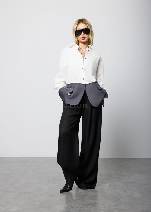 Czarne, eleganckie spodnie z wysokim stanem i szerokimi nogawkami, z zakładkami w pasie