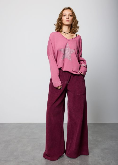 Bordowe, szerokie spodnie z miękkiego sztruksu z elastyczną talią i naszywanymi kieszeniami