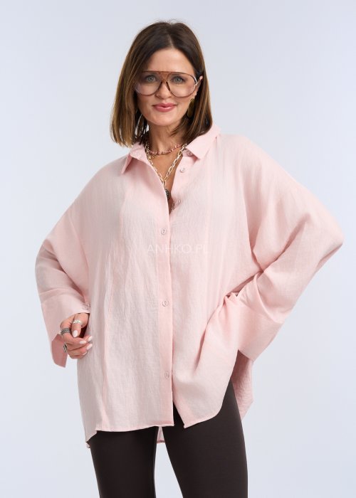 Różowa koszula damska z lnu, oversize z kołnierzykiem i długim rękawem, lekka tkanina w stylu casual