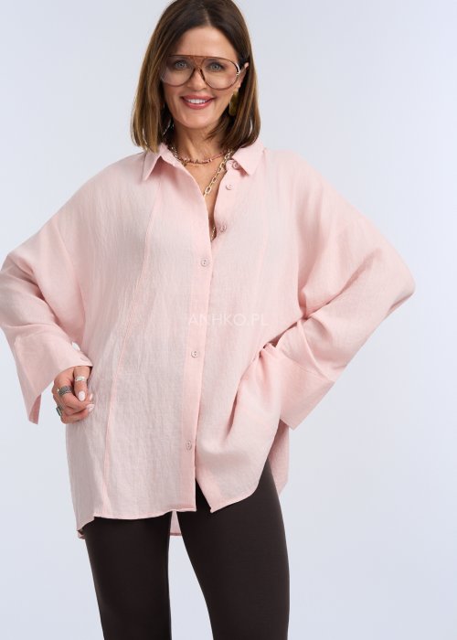 Różowa koszula damska z lnu, oversize z kołnierzykiem i długim rękawem, lekka tkanina w stylu casual
