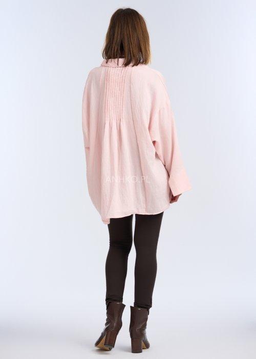 Różowa koszula damska z lnu, oversize z kołnierzykiem i długim rękawem, lekka tkanina w stylu casual