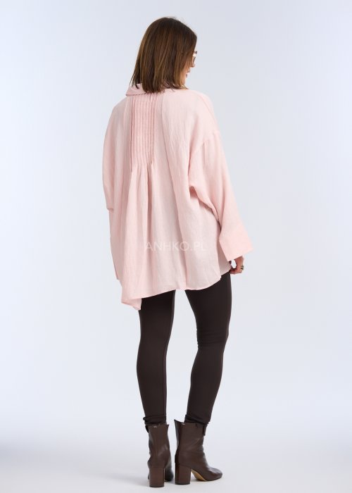 Różowa koszula damska z lnu, oversize z kołnierzykiem i długim rękawem, lekka tkanina w stylu casual