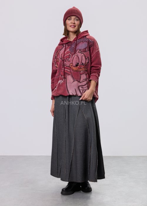 Długa, grafitowa spódnica o rozkloszowanym kroju z elastycznym pasem