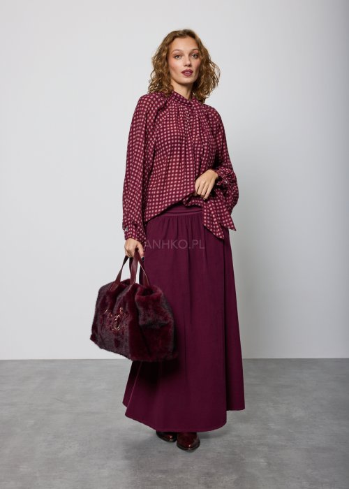 Bordowa, luźna bluzka w drobną kratkę, z długimi rękawami i marszczeniem przy dekolcie