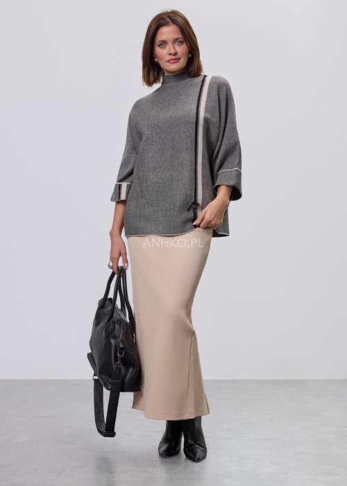 Beżowa spódnica damska ołówkowa o długości midi, dopasowana, z wysokim stanem