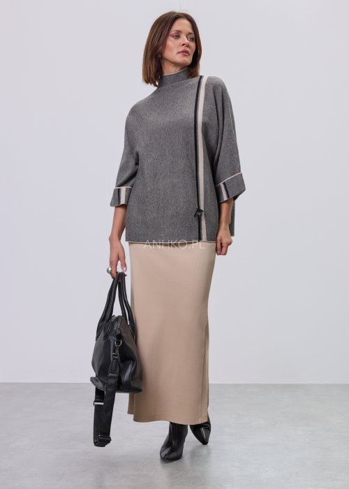 Beżowa spódnica damska ołówkowa o długości midi, dopasowana, z wysokim stanem