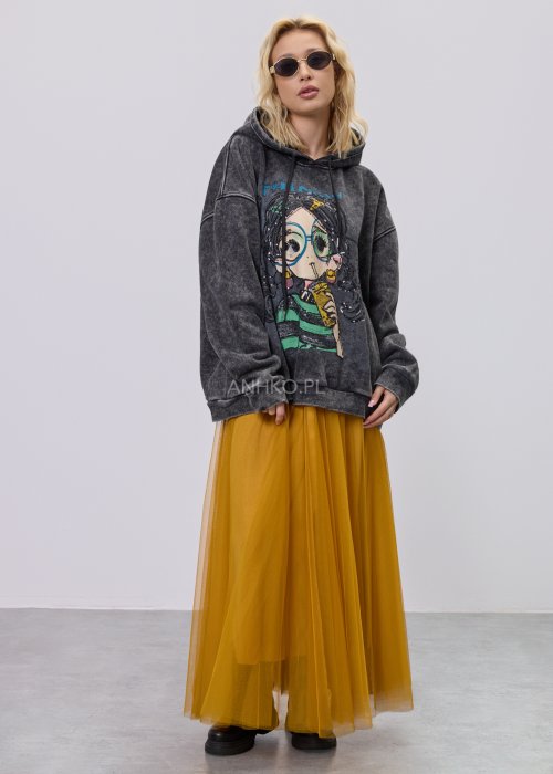 Musztardowa damska spódnica maxi z tiulu, o lekko rozkloszowanym kroju i elastycznym pasie z dekoracyjną wstążką