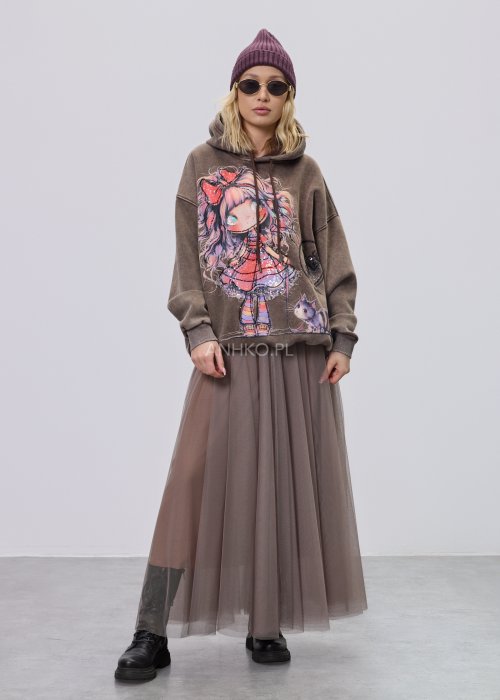 Brązowa damska bluza z kapturem o luźnym kroju, z dużym kolorowym nadrukiem dziewczynki i kota zdobionym cekinami, długimi rękawami z mankietami oraz ściągaczem u dołu