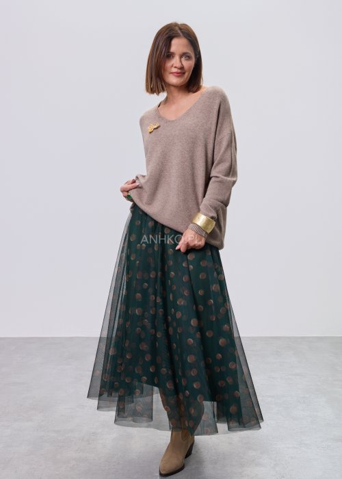 Zielona damska spódnica midi z tiulu, półtransparentna, w beżowe grochy, z elastycznym pasem i luźnym, zwiewnym krojem