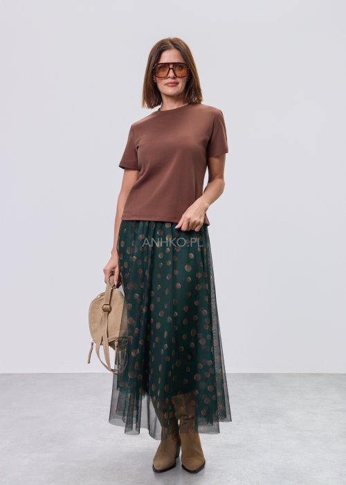 Zielona damska spódnica midi z tiulu, półtransparentna, w beżowe grochy, z elastycznym pasem i luźnym, zwiewnym krojem